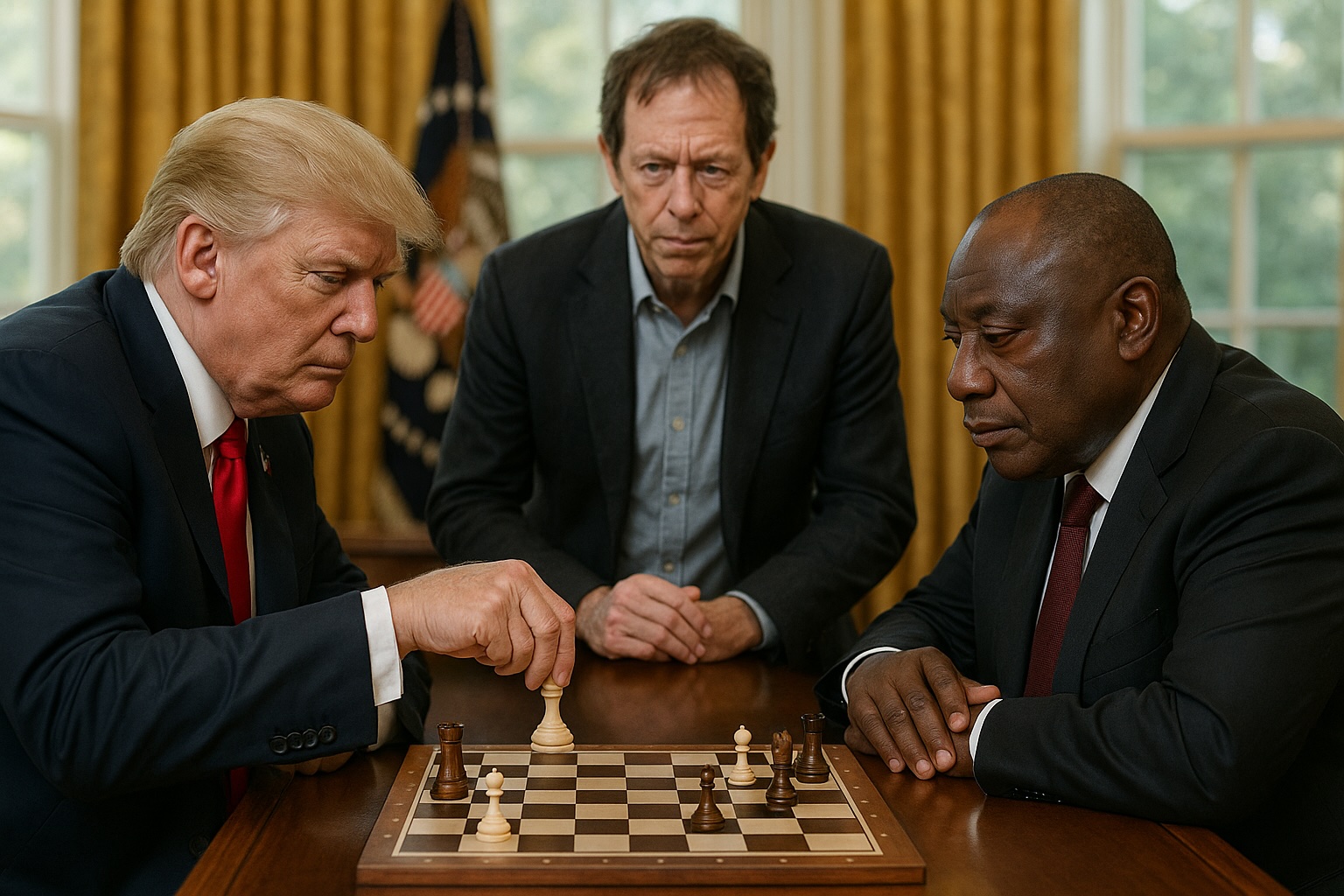 Donald Trump moves a white piece against Cyril Ramaphosa's black pieces on a chessboard in the Oval Office while author Robert Greene watches from behind.